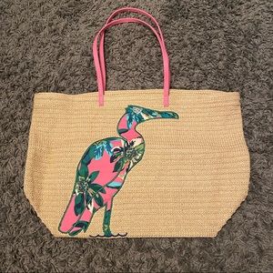 Vera Bradley Straw Beach Tote Pink and Green Palms